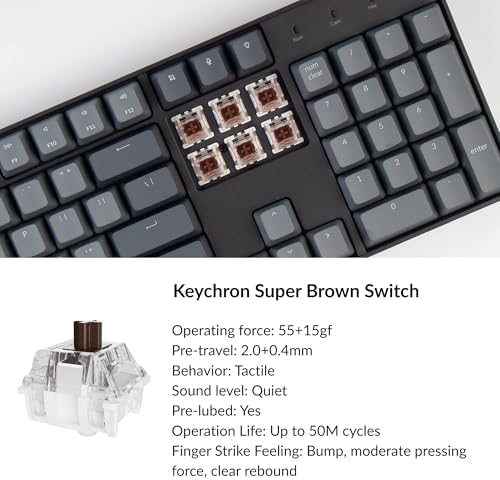 Keychron K10 Full Size Layout RGB Backlit Hot-Swappable Mechanical Gaming Keyboard for Mac Windows, Multitasking 104-Key Bluetooth Wireless/USB Wired Computer Keyboard with Keychron Super Brown Switch