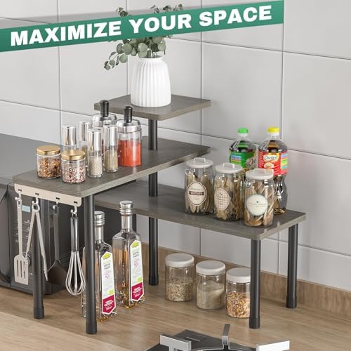 ZHWS Kitchen Countertop Organizer, Bathroom Counter Organizer, Adjustable 3 Tier Corner Shelf with 4 Metal Hooks for Counter Organize, Spice Rack, Makeups, Coffee Station Bookshelf (Rustic Grey)