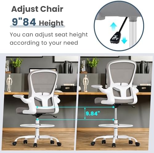 Drafting Chair, Tall Office Chair with Flip-up Armrests Executive Ergonomic Computer Standing Desk Chair, Office Drafting Chair with Lumbar Support and Adjustable Footrest Ring