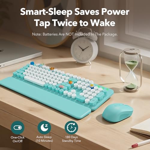 Wireless Keyboard and Mouse Combo, Round Keycap, Magnetic Wrist Rest, Blue