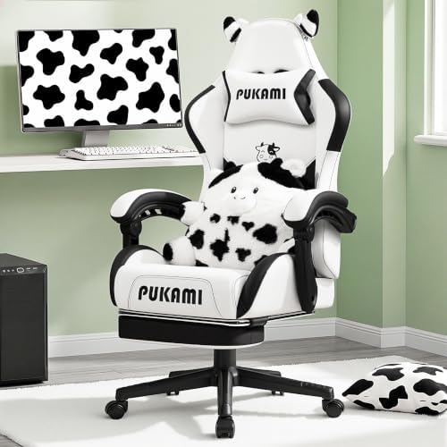Cute Gaming Chair with Cow Paw Lumbar Cushion, Ergonomic Gaming Computer Desk Chair with Footrest and Linked Armrests, Comfortable Cute Cow PU Leather Game Chair for Teen and Adults