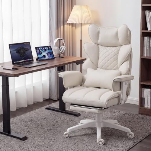 Dowinx Big and Tall Office Chair with Pocket Spring Cushion,High Back Computer Gaming Chairs with Adjustable Armrests,Executive Desk Chairs with Lumbar Support and Footrest,PU -White