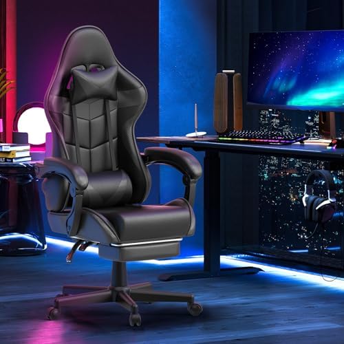 Huracan Gaming Chair with Footrest, Ergonomic Computer Chair Lumbar Support, Adjustable High Back Recliner for Adults, Racing Style Video Gaming Chairs, for Home Office Streaming, Black