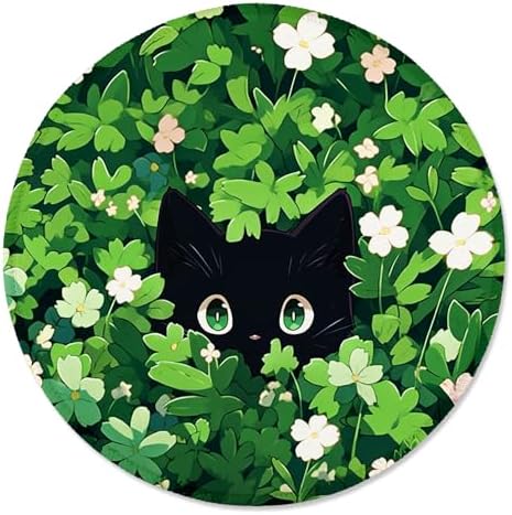 ITNRSIIET Round Mouse Pad with Stitched Edge Premium-Textured Waterproof Non-Slip Rubber Base Desktop Protection Mat Diameter 8.7 inches, Green Leave Cat