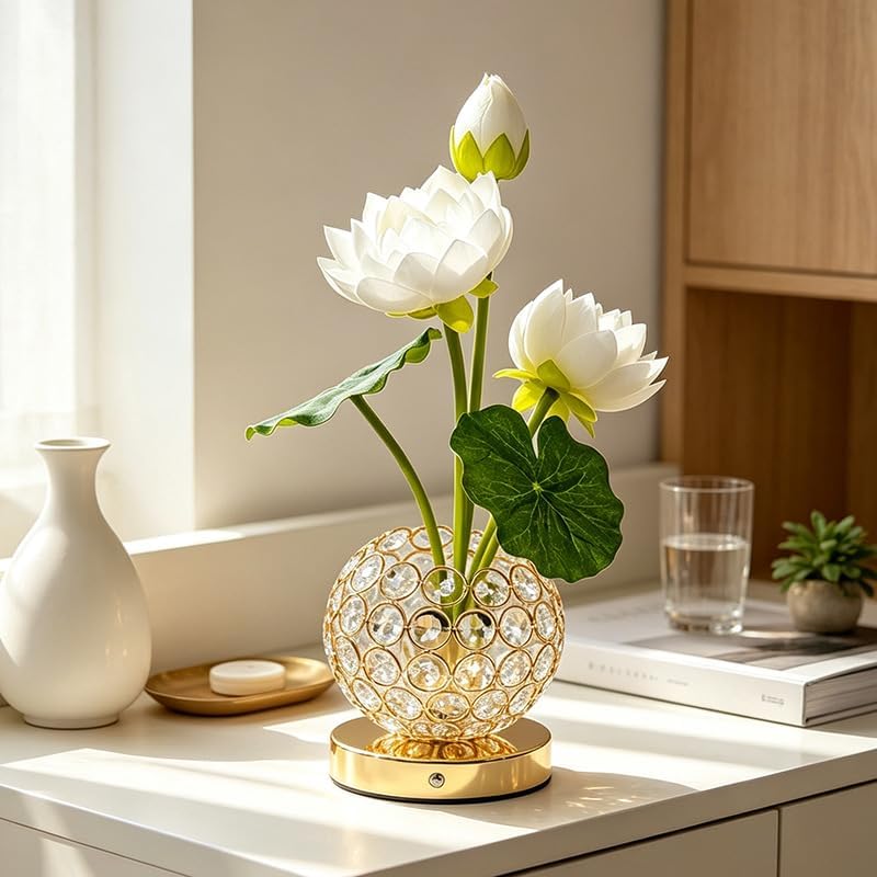 Lily Flower Lamps, Rechargeable Cordless Small Desk Lamp, 3 Colors Dimmable Artificial Flowers Night Light, Fake Bouquet 3 Lilies with Crystal Vase for Home Date Party Decoration (White - Lotus)