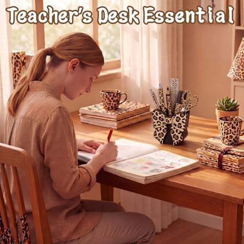 Tenceur Leopard Print Bow Holder for Desk Large Capacity Bow Pencil Holder