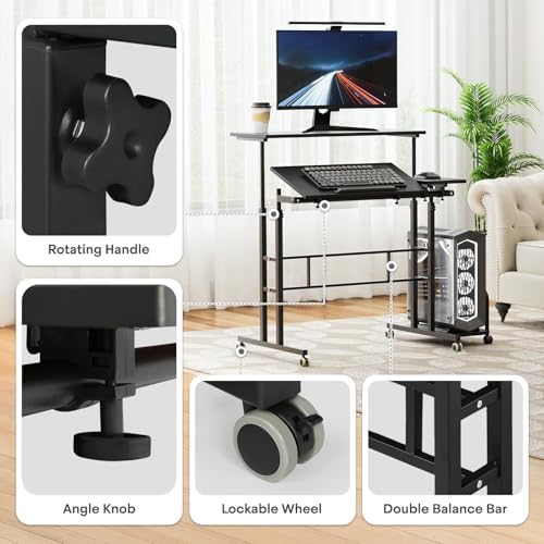 Athena Collection Rolling Standing Desk with CPU Holder, Black