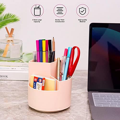 Siveit Desk Pencil Pen Holder, Desk Organizers 3 Slots 360-Degree Rotating Pen Holder for Desktop Storage Stationery Supplies Organizer, Home, Office, School, Kids, Peach Pink
