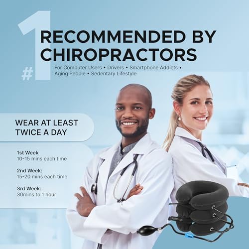 Inflatable Neck Stretcher for Neck Pain Relief, Cervical Traction Device with Hand Pump, 3-Layer Adjustable Neck Decompression Collar for Pinched Nerve, Stiff Neck & Tech Neck Support