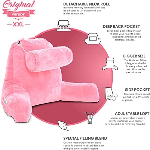 Husband Pillow XXL The Original for Adults - 30" Tall Backrest for Sitting Up in Bed - Firm Support Reading & Bed Rest Pillows for Adults, Neck Roll, Removable Cover - TV - Pink
