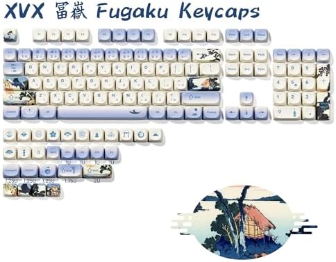 OHY XVX MOA Profile Japanese Fuji Mountain Theme Keycaps Set, 132 - Key Blue & Creamy White Custom Keycaps for US Layout Mechanical Keyboards -Blue and White