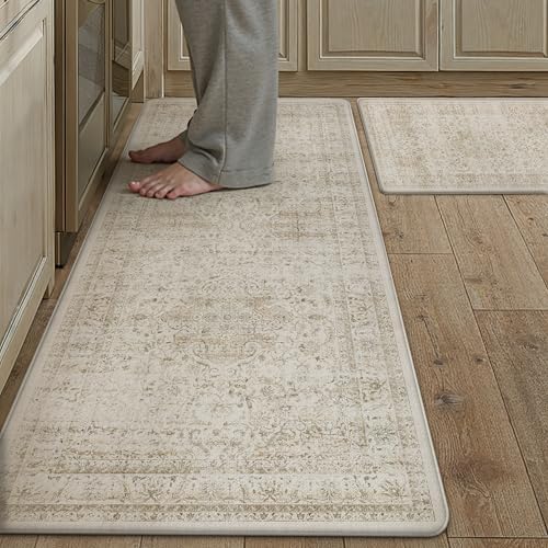 Anti Fatigue Beige Vintage Non-Slip Kitchen Mat 2 Piece