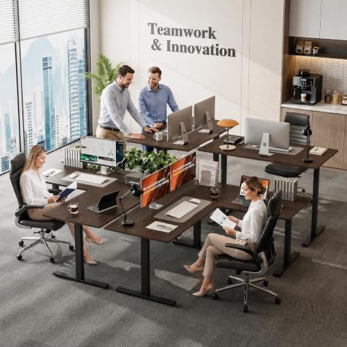 Grandder 63 x 55 Inch L Shaped Standing Desk, Electric Height Adjustable Corner Stand Up Desk, Sit Stand Corner Table Home Office Table, Walnut Top Black Frame