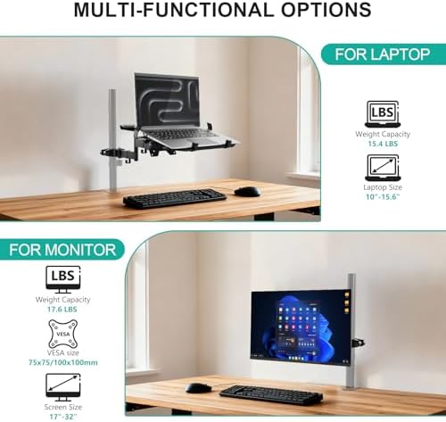 WALI Laptop Pole Mount, Adjustable Laptop Arm Holder Fits 10"-15.6" Laptops, 2-in-1 Full Motion Monitor Mount with Removable Tray, VESA 75x75 or 100x100 mm, Holds up to 15.4lbs(011ARMLPN), Black