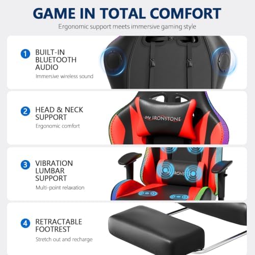 Mr IRONSTONE RGB Gaming Chair with Bluetooth Speakers, Multi-Point Vibration Massage Gaming Chair (Seat, Back & Lumbar), Ergonomic High Back Recliner, Footrest for Adults, Iridescent Red
