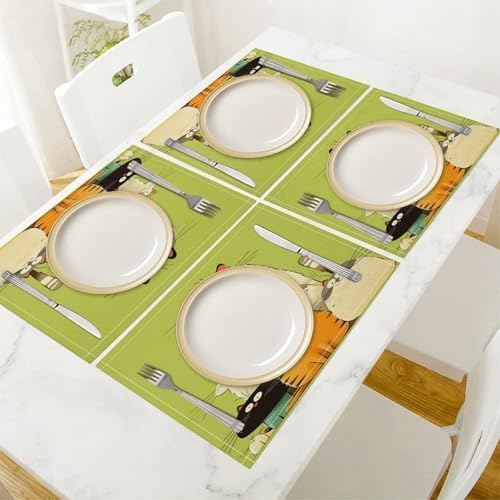 Cute Cats Family Cartoon Linen Placemats Set of 4PCS, Heat Resistant Non-Slip Washable Table Placemats for Dining Everyday Use Hotel Banquet Home Decor