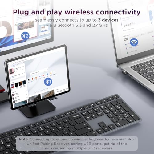 Lenovo 700 Modern Wireless Keyboard, 2.4 GHz Dongle & Dual Bluetooth Connection, AES-128 Encryption, 36 Month Battery Life, Luna Grey