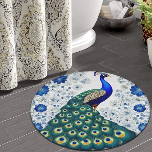 Fashion Round Area Rug Large Non Slip Carpet, Vintage Botanical Peacock Unisex Home Decor Mat