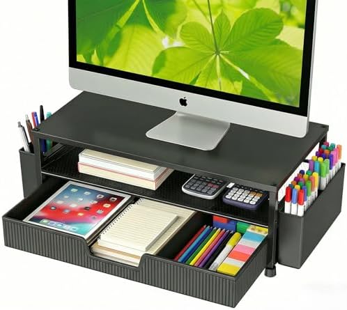 ECOLOVI Desk Organizer and Accessories, 2-Tier Computer Monitor Stand Rise with Storage Drawer & 2 Pen Holders, Laptop & Printer Stand for Desktop, Workspace Organizers for Office Supplies (Black)