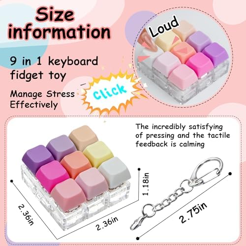 Keyboard Fidget Toy, Keyboard Fidget Keychain 9-in-1 Keyboard Decompression Button Finger Clicker Toys Stress Relief Fidget Gifts (9 Colors- Pink Purple)