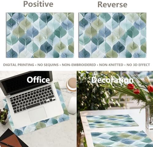 Mid Century Abstract Autumn Shapes Modern Pattern Linen Placemats, Leaf Green and Blue Repeating Table Mats for Table Washable Heat Insulation Thick Dining Mat, Indoor/Outdoor 12X18 in 4 Pcs