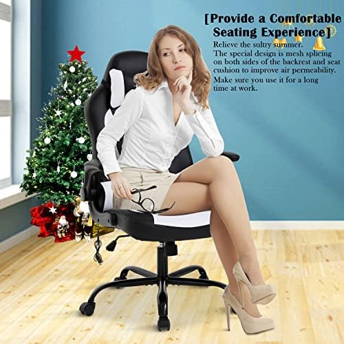 Massage Gaming Chair, PU Leather Gaming Chairs for Adults, Comfy Office Chair Ergonomic Desk Chair Computer Chair with Flip Up Arms, Swivel Reclining Gamer Chair, Height & Backrest Adjustable, White
