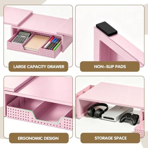 LEKETREE Dual Monitor Stand Riser with Drawer and 2 Pen Holders, Pink