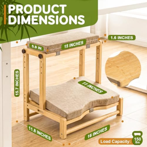 Two-Tier Bamboo Desk Footrest, Adjustable Ergonomic Leg Rest with Cushion