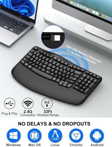 EDJO Wireless Ergonomic Keyboard with Wrist Rest, Wave Keys