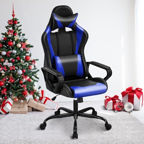Blue Gaming Chair - High Back Ergonomic Office & PC Gaming Chair with Wheels, Reclining & Adjustable Headrest & Lumbar Support
