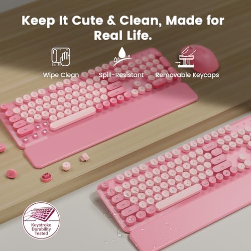 Wireless Keyboard and Mouse Combo, Magnetic Wrist Rest, Round Keycaps, Pink