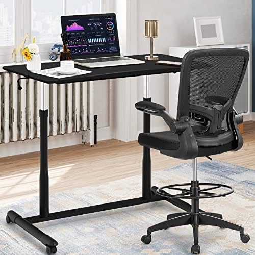 COSTWAY Mobile Height Adjustable Standing Desk, Compact Pneumatic Sit to Stand Computer Desk w/Lockable Casters, Ergonomic Rolling Laptop Table w/Steel Frame for Home Office (Black)