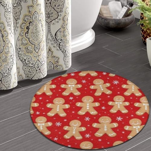 Machine Washable Modern Round Area Rug, Room Sofa Yoga Soft Round Carpet, Home Decor Non Slip Kitchen Office Circle Rug Christmas Red Polka Dots Snowflakes Gingerbread Cookies