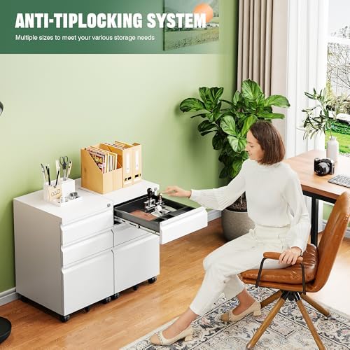 Letaya 3 Drawer Mobile File Cabinet with Lock, Under Desk Metal Filing Cabinets for Home Office Organizer Letters/Legal/A4(Fully Assembled-White) (Pack of 2)