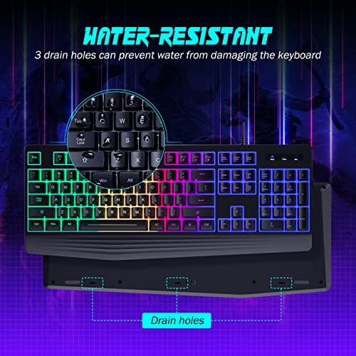 Gaming Keyboard Wired, 7-Color Backlit, 104 Keys Quiet Light Up, Wrist Rest