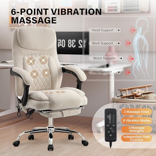 500LBS Massage Office Chair, Reclining 6 Points Vibration and Heat Desk Chair with Foot Rest, Ergonomic Executive Office Chairs, Comfy Wider & Thicker Seat, Big and Tall Gaming Chair, Fabric Beige