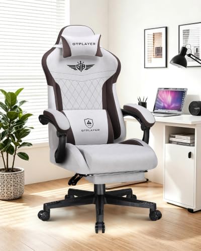 GTPLAYER Gaming Chair with Footrest, Big and Tall Game Chair High Back Computer Office Chair with Lumbar Support for Adults, Ergonomic Swivel Games Chair with Cushion Gaming, Fabric Brown