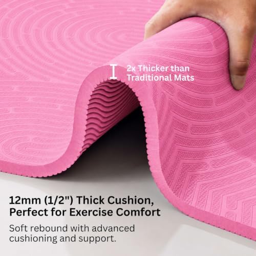 Extra Thick 12mm Exercise Mat, 74" x 26", Non-Slip with a Yoga Strap