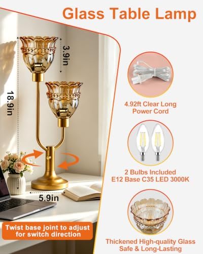 Mid Century Modern Table Lamp Dimmable Vintage Gold Glass Lamp Gift
