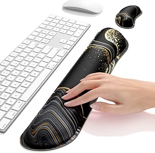 Dapesuom Enlarge Keyboard Wrist Rest, Memory Foam Wrist Cushion for Desk Mats Support, Marble Pain Relief Keyboard Mouse Pad Rests Set with Non-Slip Base for Gaming Laptop Office Computer, Black Gold