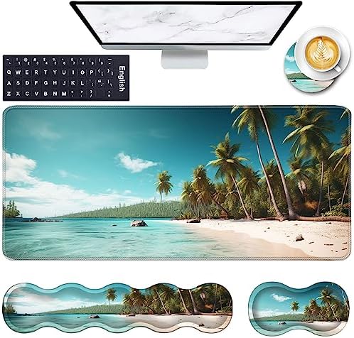 Keyboard Wrist Rest and Mouse Pad with Wrist Support Set Ergonomic Coaster,Memory Foam,Easy Typing Pain Relief,Large XL Desk Mat 31.5"x 11.8",Beach and Coconut Trees Design