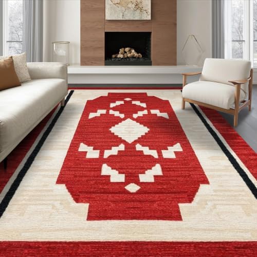 6'x9' Red Ivory Cat Crimson Boho Geometric Washable Area Rug