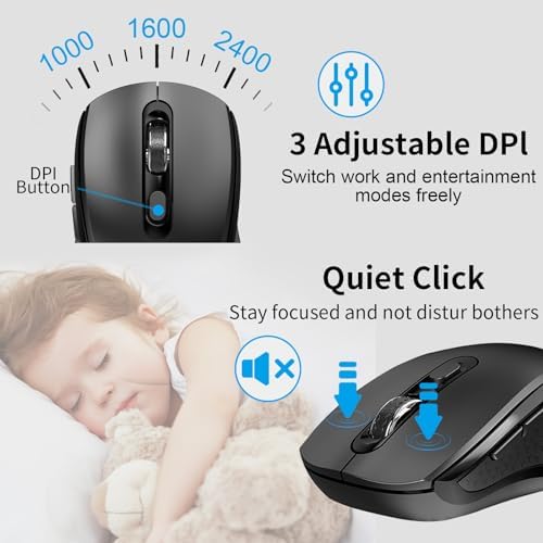 Wireless Keyboard and Mouse, Slim Full Size Keyboard with Calculator Button, Fn Lock, Silent Computer Mouse with Side Button, 2400 DPI, 2.4G USB Cordless Set for Laptop PC Windows Mac -Black