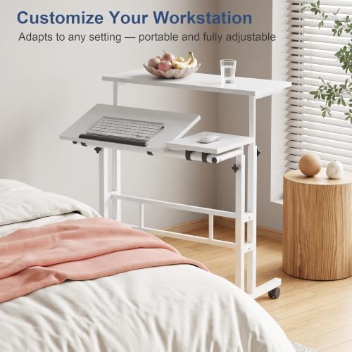 VECELO Mobile Small Standing Desk Adjustable Height, Computer Workstations with Tiltable Tabletop, Lockable Wheels, Portable Rolling Laptop Desk for Home Office, White