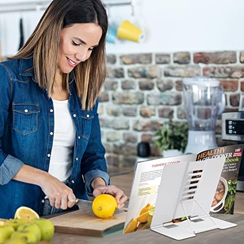 Honagu Book Stand Metal Desk Book Holder, Book Holders for Reading Hands Free, Adjustable Cookbook Documents Holder, Portable Bookstand for Music Books, Textbook, Recipe, Tablet, Ipad (White)