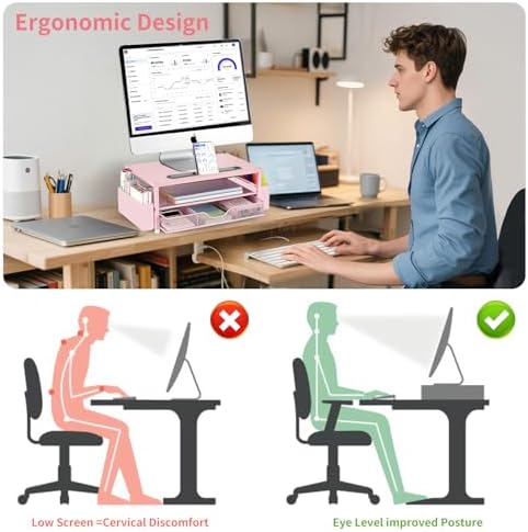 AUPSEN Pink Desk Organizers and Accessories, 2-Tier Wood Computer Monitor Stand with Drawer, Pen Storage & Phone Holder, Office Desk Accessories, Workspace Desktop Organization for Office Supplies