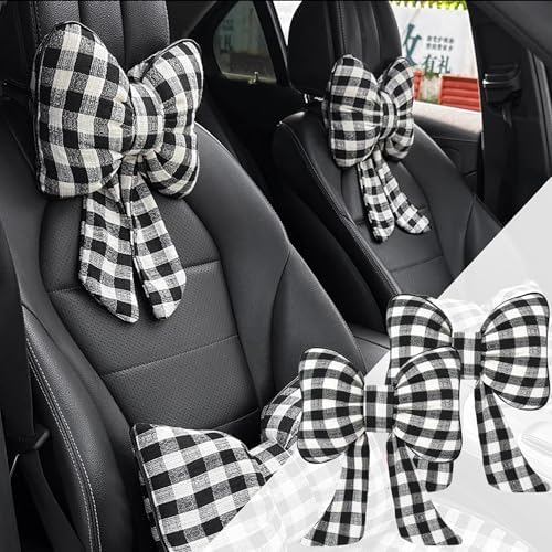 2PCS Chic Car Headrests with Bow-Shaped Cotton Linen Bowknot Neck Pillows for Cozy Road Trip & Cute Interior Decoration (Black Plaid)