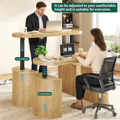 Mid Century Modern Electric Standing Desk with Storage, 55 x 22 Inch Small Sit Stand Up Desk, Wood Adjustable Height Computer Executive Desk for Home Office, Laptop, Oak