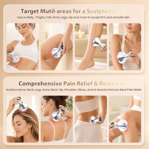 Lymphatic Drainage Massager & Anti-Cellulite Massage Tool, Body Sculpting Device for Legs, Arms, Stomach & Hips Promotes Smoother, Firmer-Looking Skin, with Gentle Warming & Soothing Vibration ,Silver