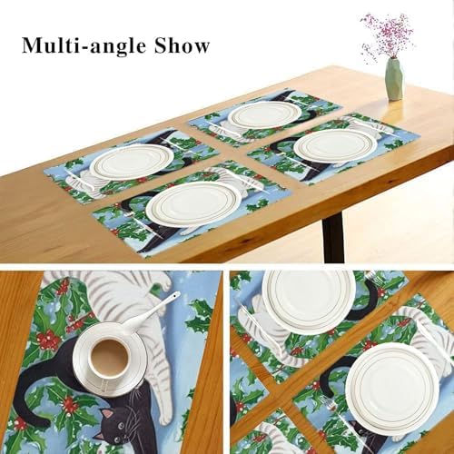 Cloth Placemats Set of 6 for Dining Table, Cat Stretching Kitchen Placemats Heat Resistant Place Mats Linen Washable Table Mats, 12x18 in